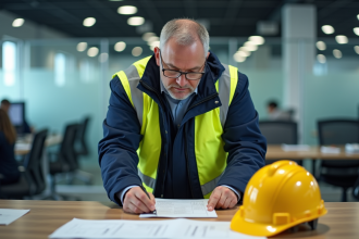 Manager securite en veste reflective et checkliste au bureau