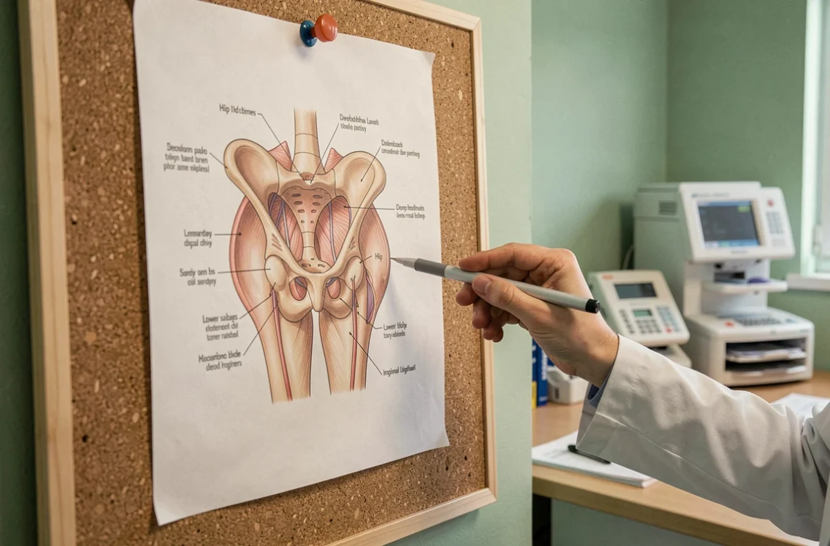 Schéma anatomique de la région inguinale féminine affiché dans un cabinet médical avec zones de douleur irradiante