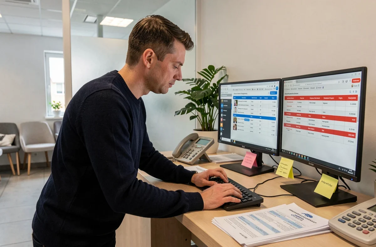 Secrétaire médical gérant des erreurs de saisie dans le logiciel KelDoc Pro à l'accueil d'un cabinet médical