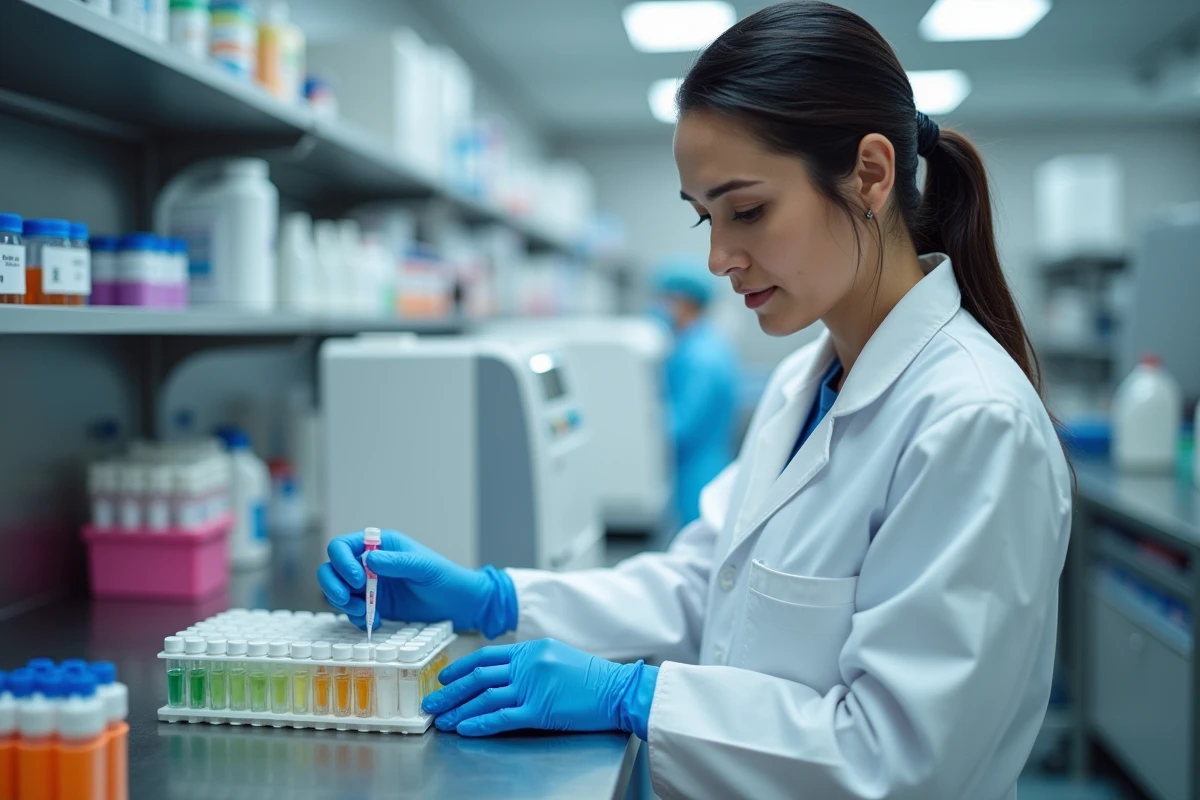 Technicienne de laboratoire analysant un échantillon d'urine pour détecter une microalbuminurie élevée