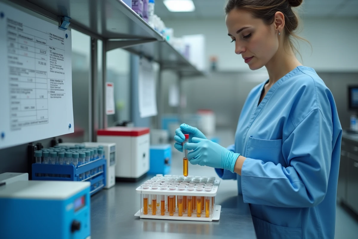Technicienne de laboratoire tenant un tube de sérum pour analyse de bilirubine conjuguée dans un laboratoire de biochimie clinique