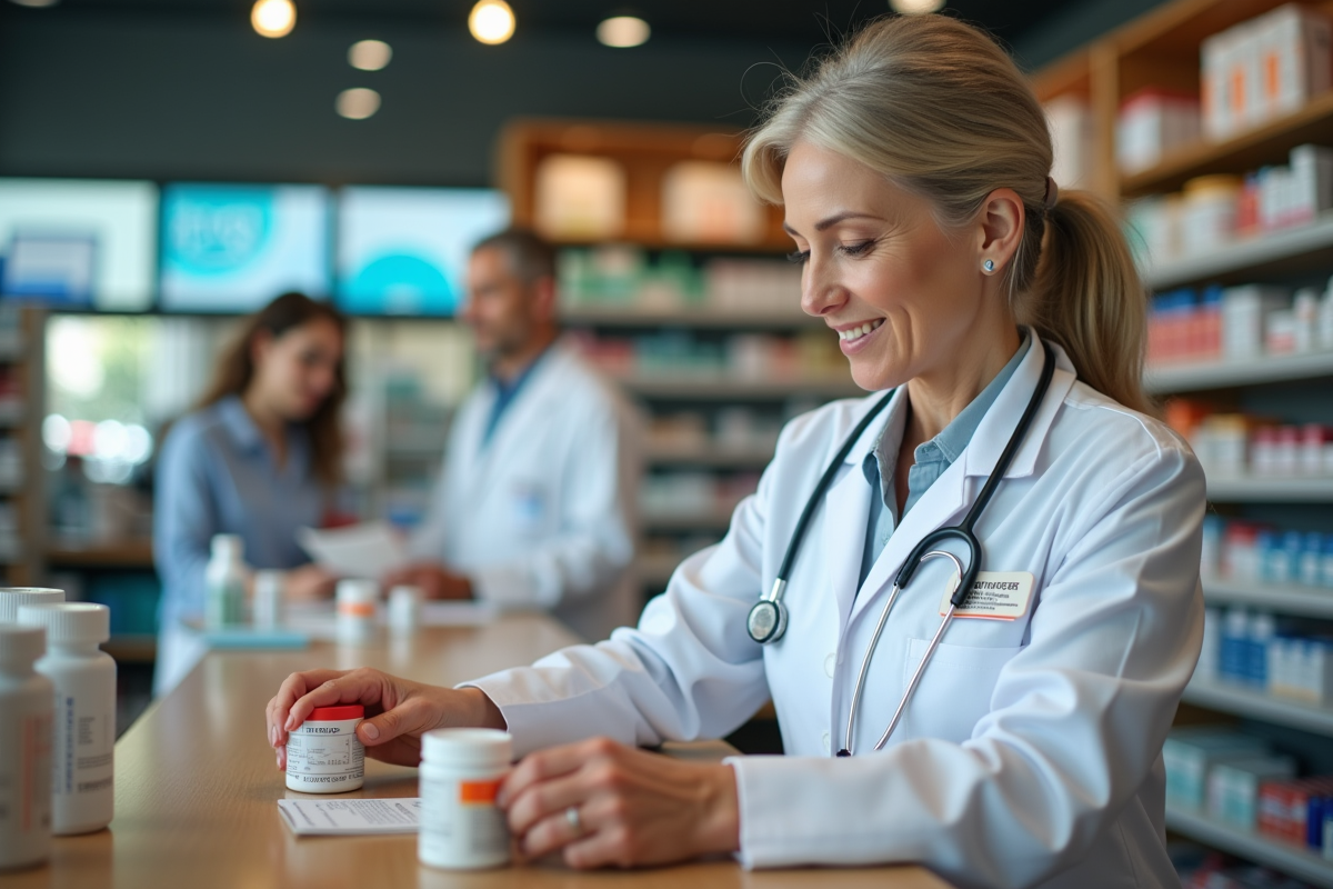 Technicienne en pharmacie préparant des médicaments sur le comptoir