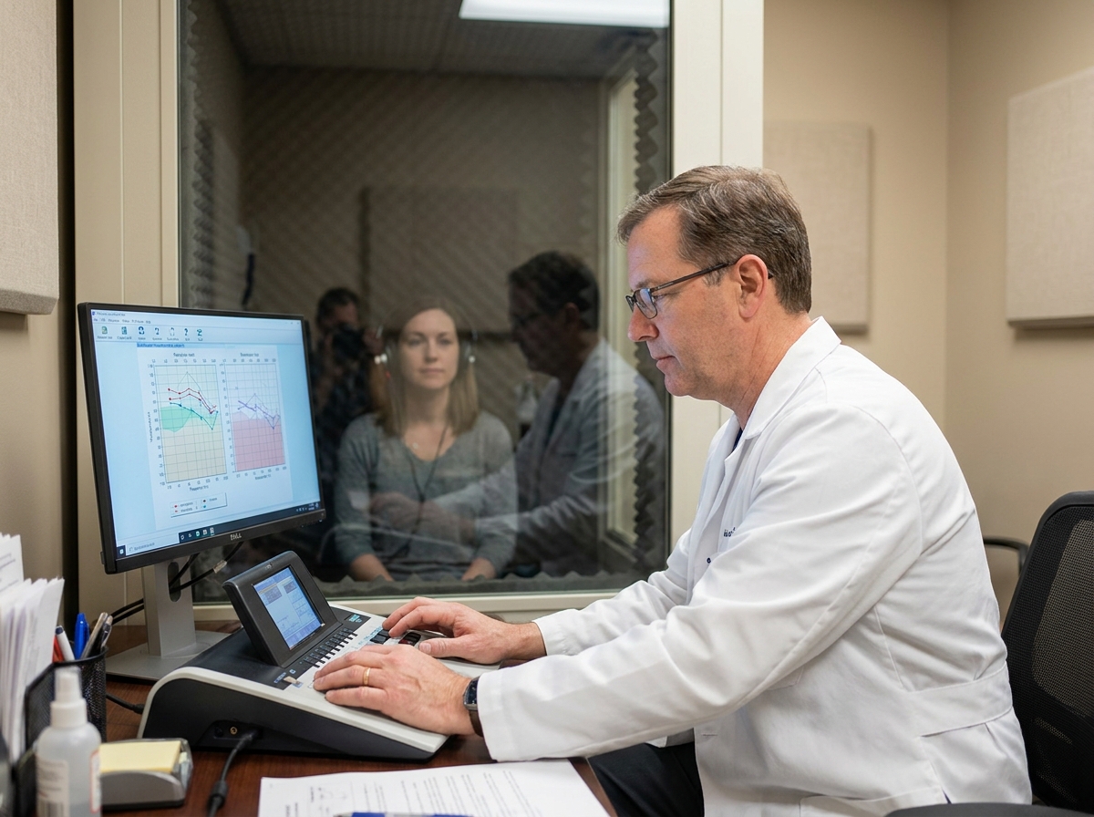 Audiologiste réalisant un test auditif sur une patiente dans une cabine insonorisée, dépistage des troubles de l'audition liés au bruit