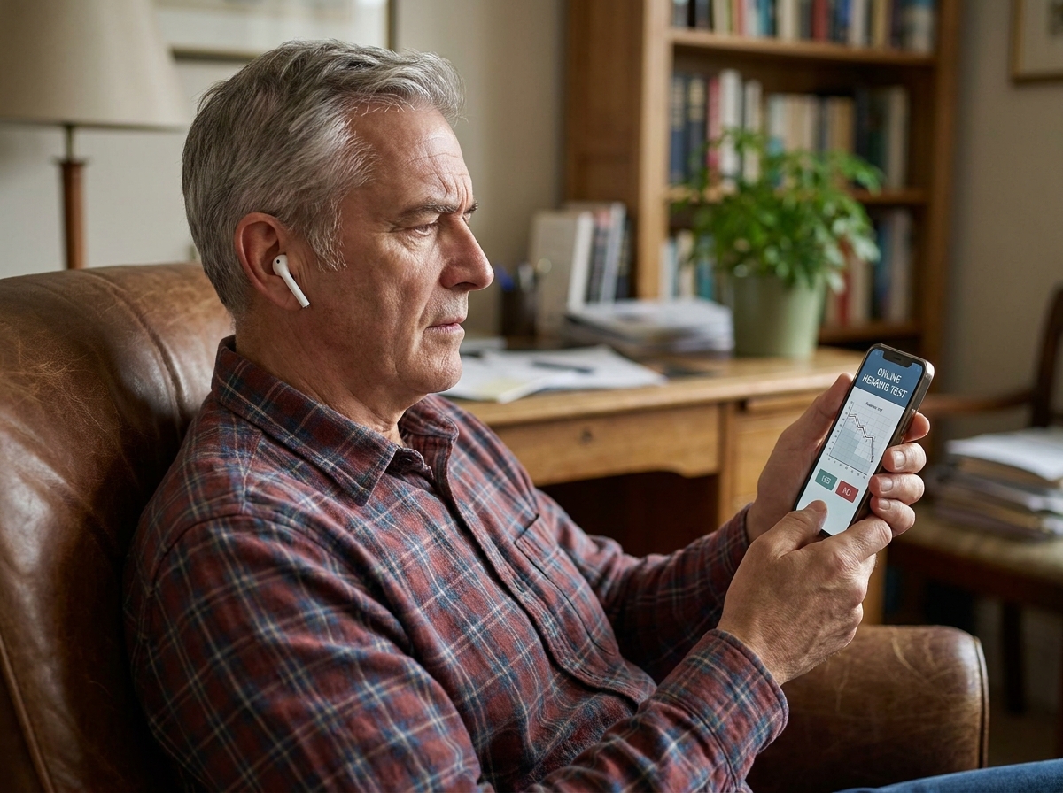 Homme âgé effectuant un test auditif en ligne avec un smartphone et un écouteur dans un bureau à domicile