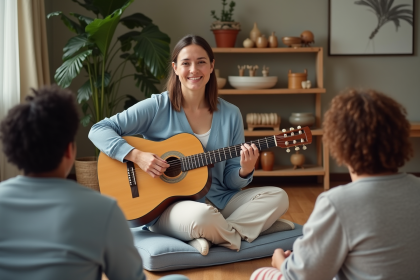 Femme musicienne en séance avec groupe diversifié