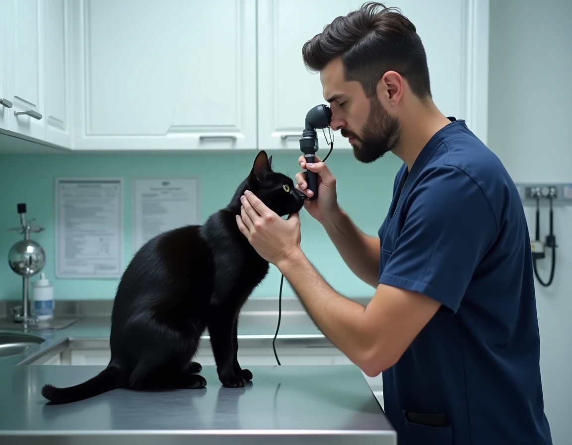Vétérinaire examinant la pupille dilatée d'un chat noir avec un ophtalmoscope en clinique