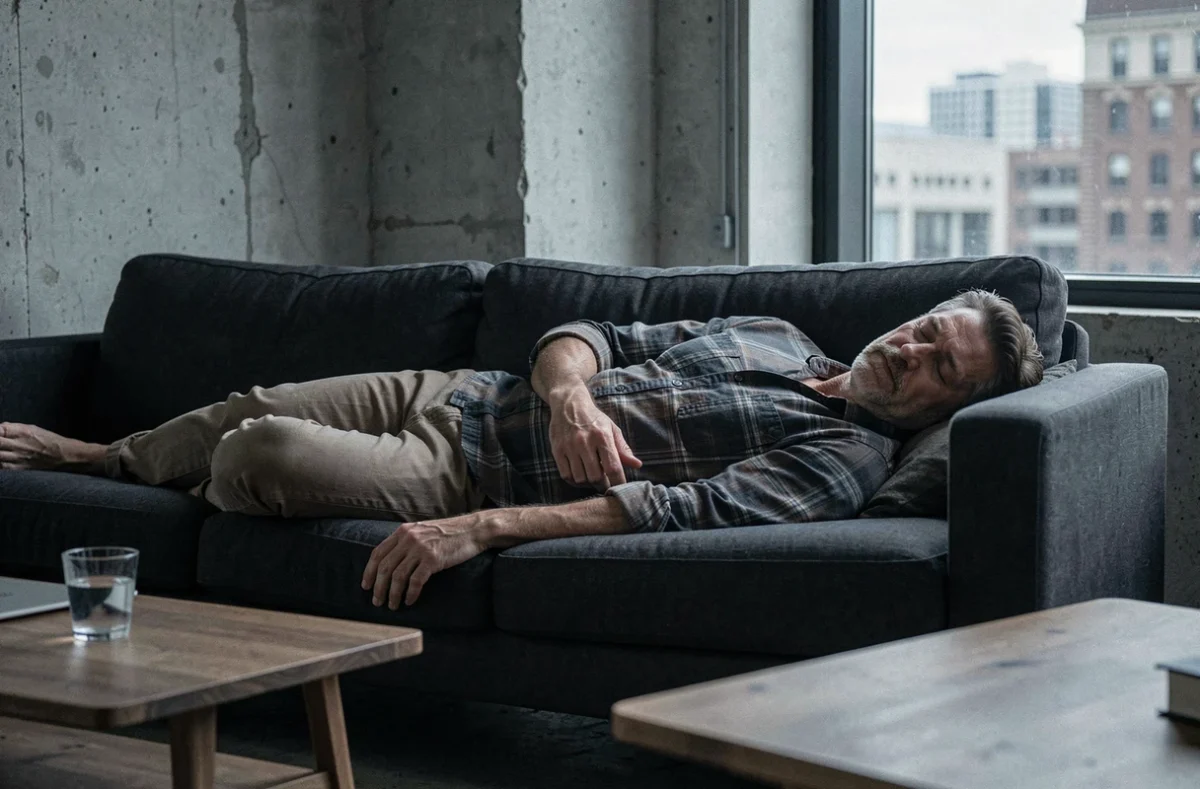 Homme de 35 ans allongé habillé sur un canapé en lin sombre dans un appartement urbain, exprimant une fatigue neurologique profonde et une sensation d'inconfort physique