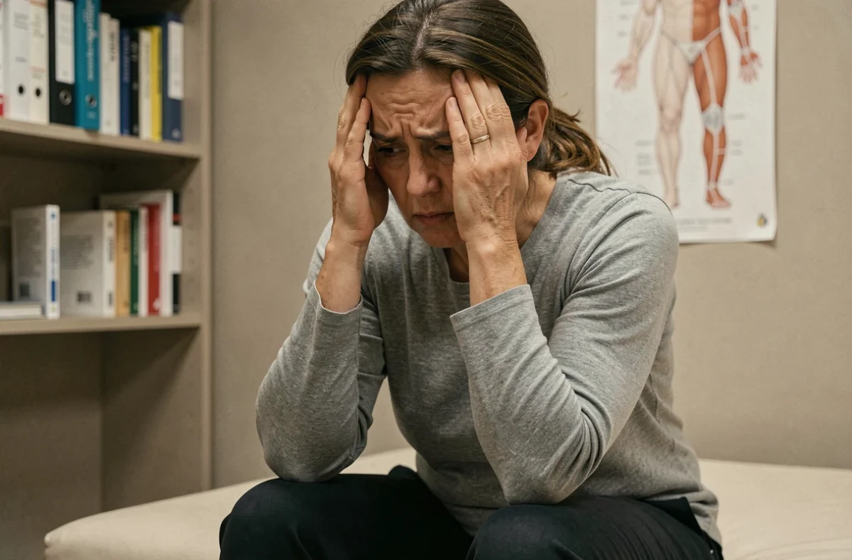 Femme de 40 ans assise sur une table d'examen médical, les mains sur les tempes, exprimant une tension nerveuse dans un cabinet de consultation