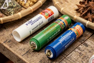 Trois yadom thaïlandais traditionnels posés sur une surface en bois, montrant les détails d'étiquettes en script thaï pour identifier un produit authentique de qualité